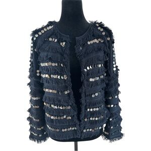 $268 Kobi Halperin Navy Blue Fringe Sequin Jacket Cardigan